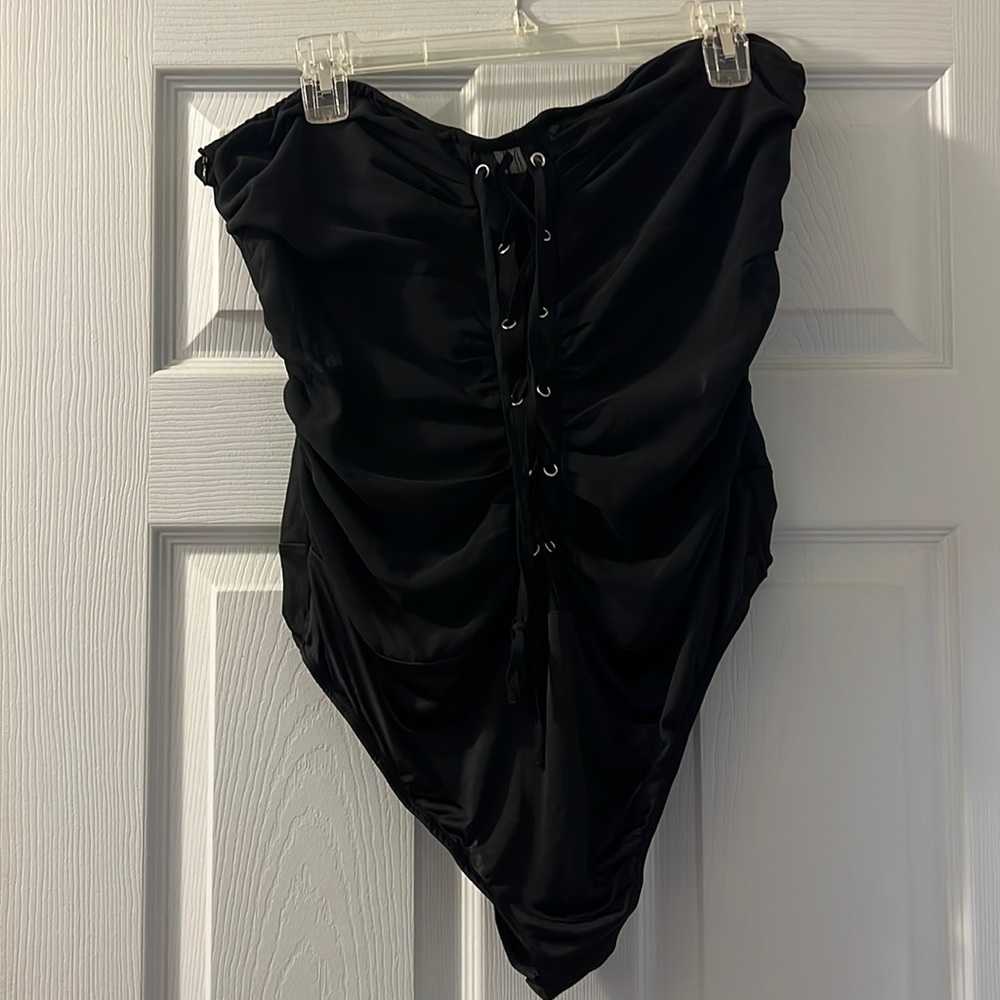 PLT Black Chiffon Lace Up Bandeau Bodysuit